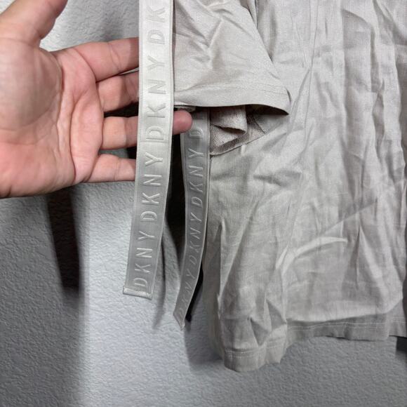 DKNY Womens Size Medium Tie Sleeves Top Tan Linen Rayon Blend Crew Neck Stretch - Picture 5 of 11